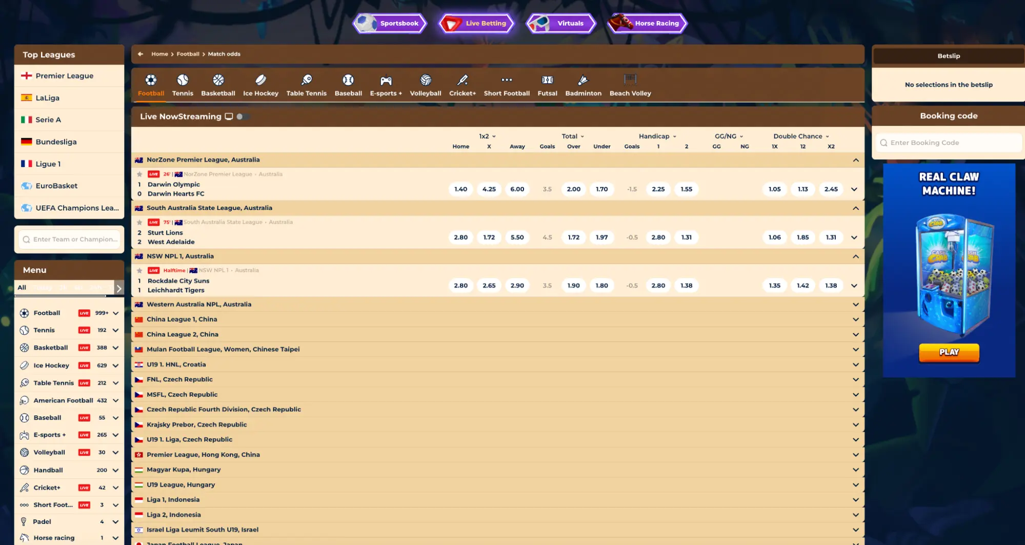 Live football betting dashboard with odds Live betting interface with football odds and betting slip section